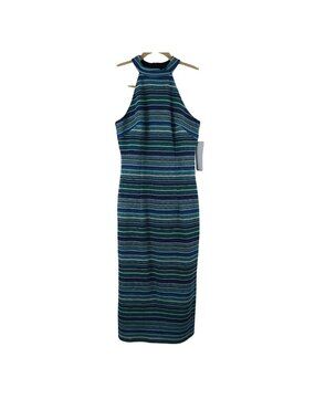 NWT London Times 4 Striped High Neck Midi Dress Green Blue Multi Colored